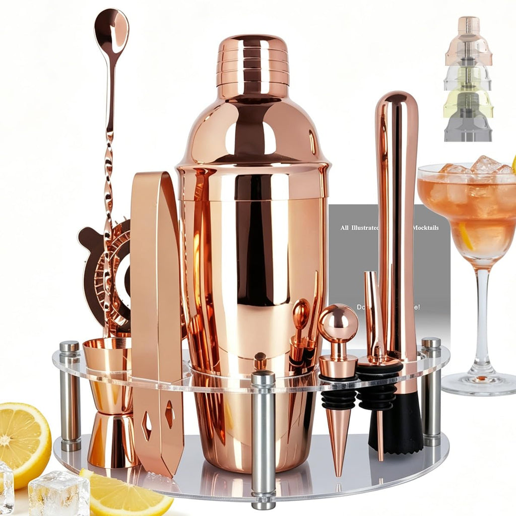 9-Piece Cocktail Shaker with Stand, 25oz Bartender Kit, Cocktail Shaker with Strainer Set, Bar Set Jigger for Bartending Drink Mixer Set, Cocktail Set Recipe (Silver)