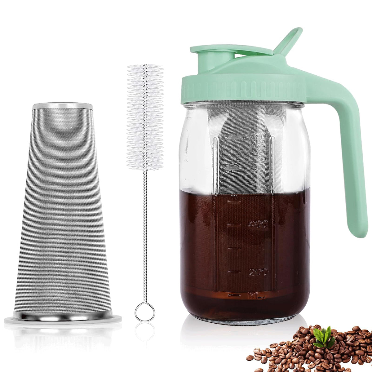 QHH Cold Brew Coffee Maker, 64 oz Mason Jar Pitcher with Stainless Steel Filter, Pour Spout Handle Lid, Airtight & Leak-Proof for Iced Coffee,Tea & Lemonade