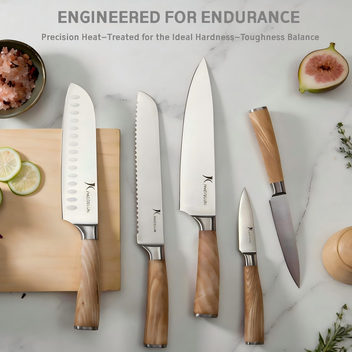 Kangdelun Ultra Sharp 14-Piece Kitchen Knife Set, High Carbon Stainless Steel Blades, Torrefied Natural Wood Handles, Ergonomic Design, Space-Saving White-Finished Wood Block, Easy Hand Wash, Gift Box