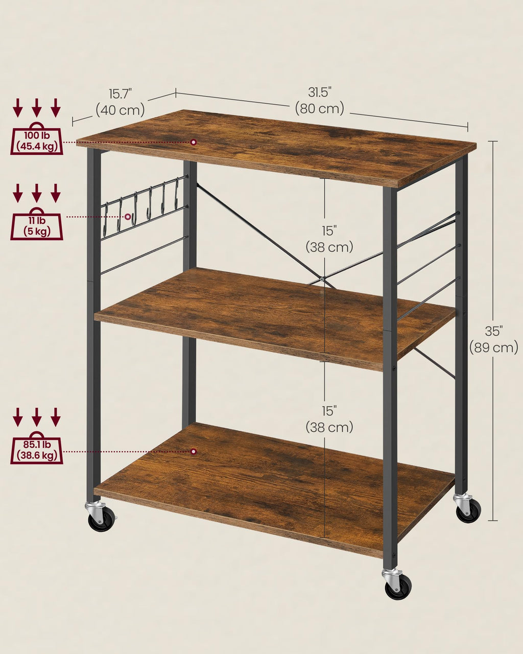 VASAGLE Kitchen Shelf on Wheels, 31.5 Inches Serving Cart with 3 Shelves, Kitchen Cart, Microwave Shelf, for Mini Oven, Toaster, with 6 Hooks, Industrial Style, Rustic Brown and Ink Black UKKS067K01