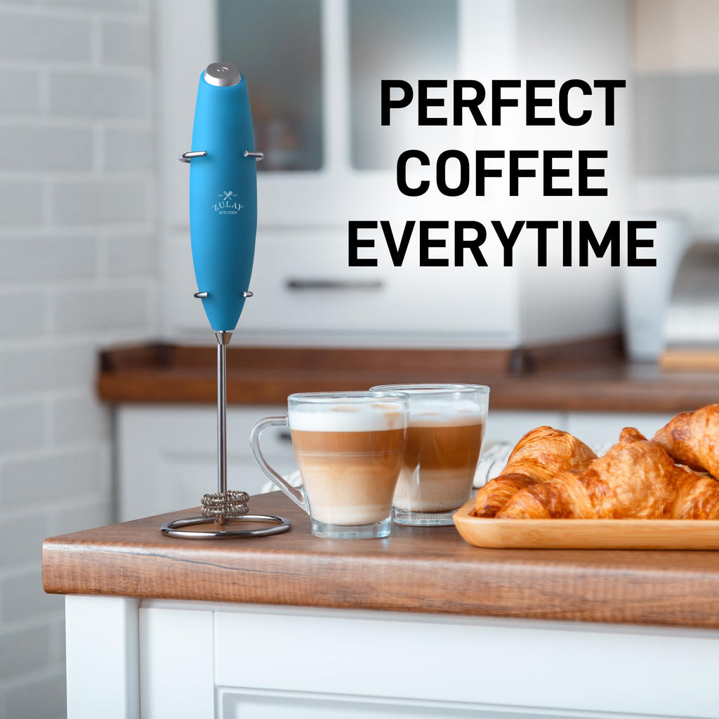 Zulay Powerful Milk Frother for Coffee with Upgraded Titanium Motor - Handheld Electric Whisk, Milk Foamer, Mini Mixer & Coffee Blender for Frappe, Latte, Matcha, No Stand - Ocean Blue
