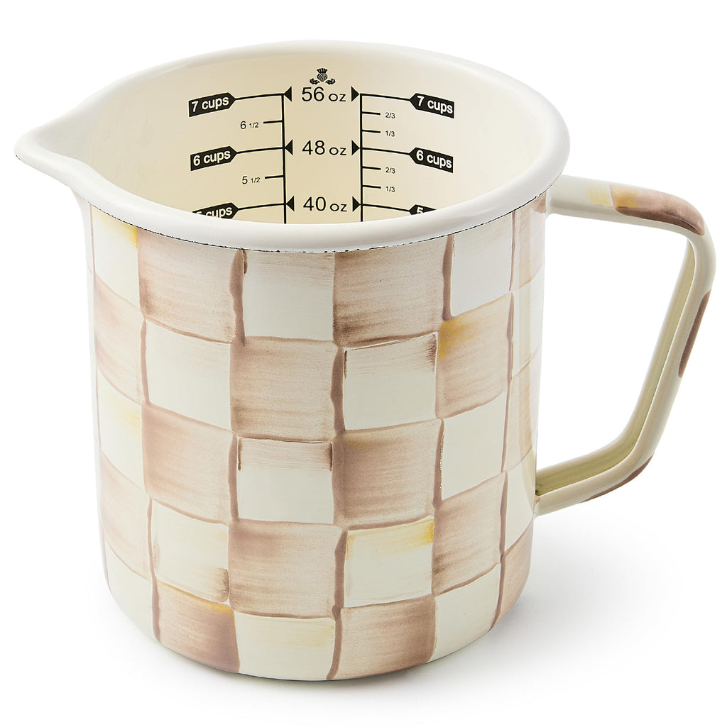 MACKENZIE-CHILDS Enamel Measuring Cup, Brown-and-White Mocha Check