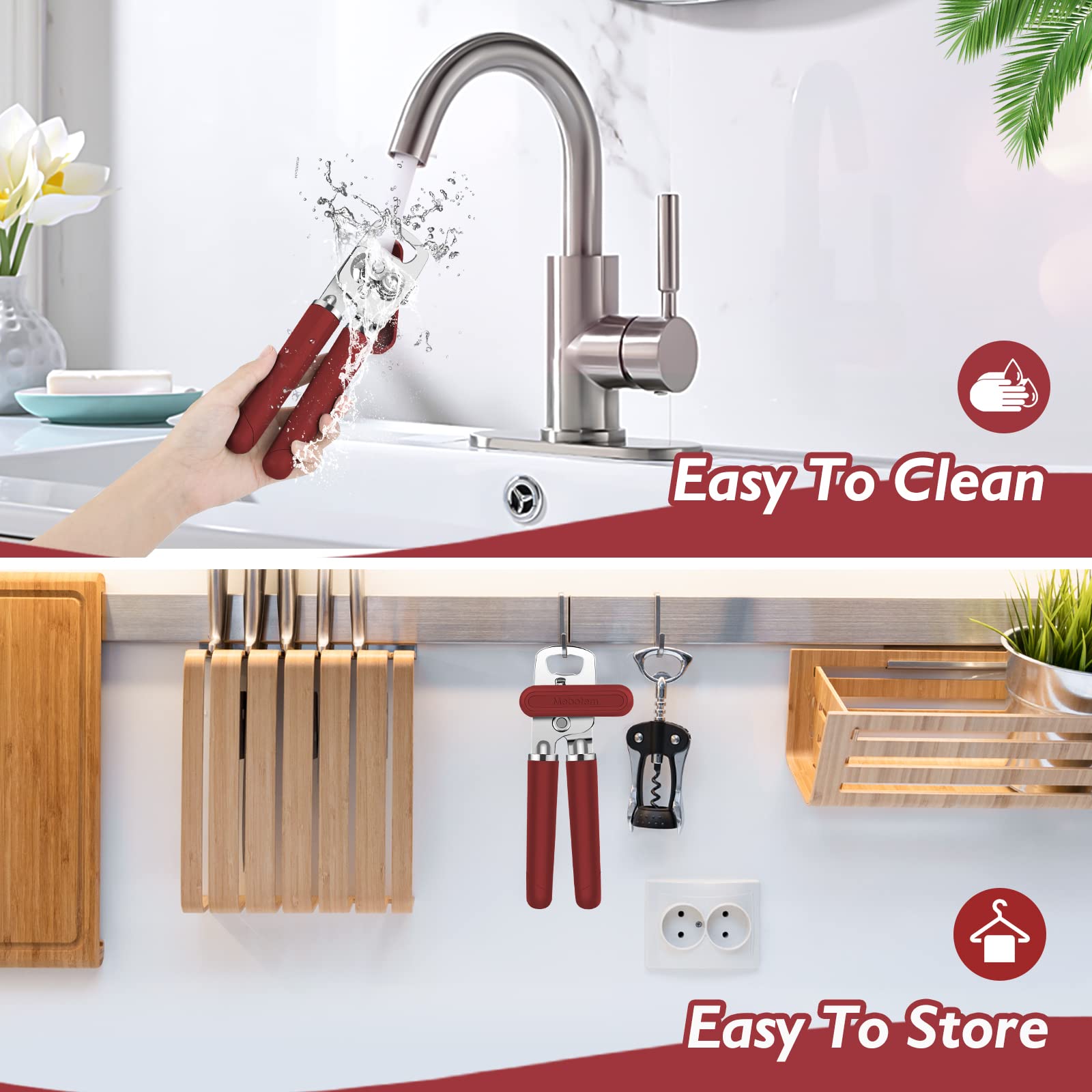 Mebotem 10 Colors Can Opener Manual Handheld Heavy Duty Hand Can Opener Smooth Edge Stainless Steel Can Openers Top Lid Kitchen Gadgets, Best Large Rated Easy Turn Knob, with Bottle Opener, Burgundy