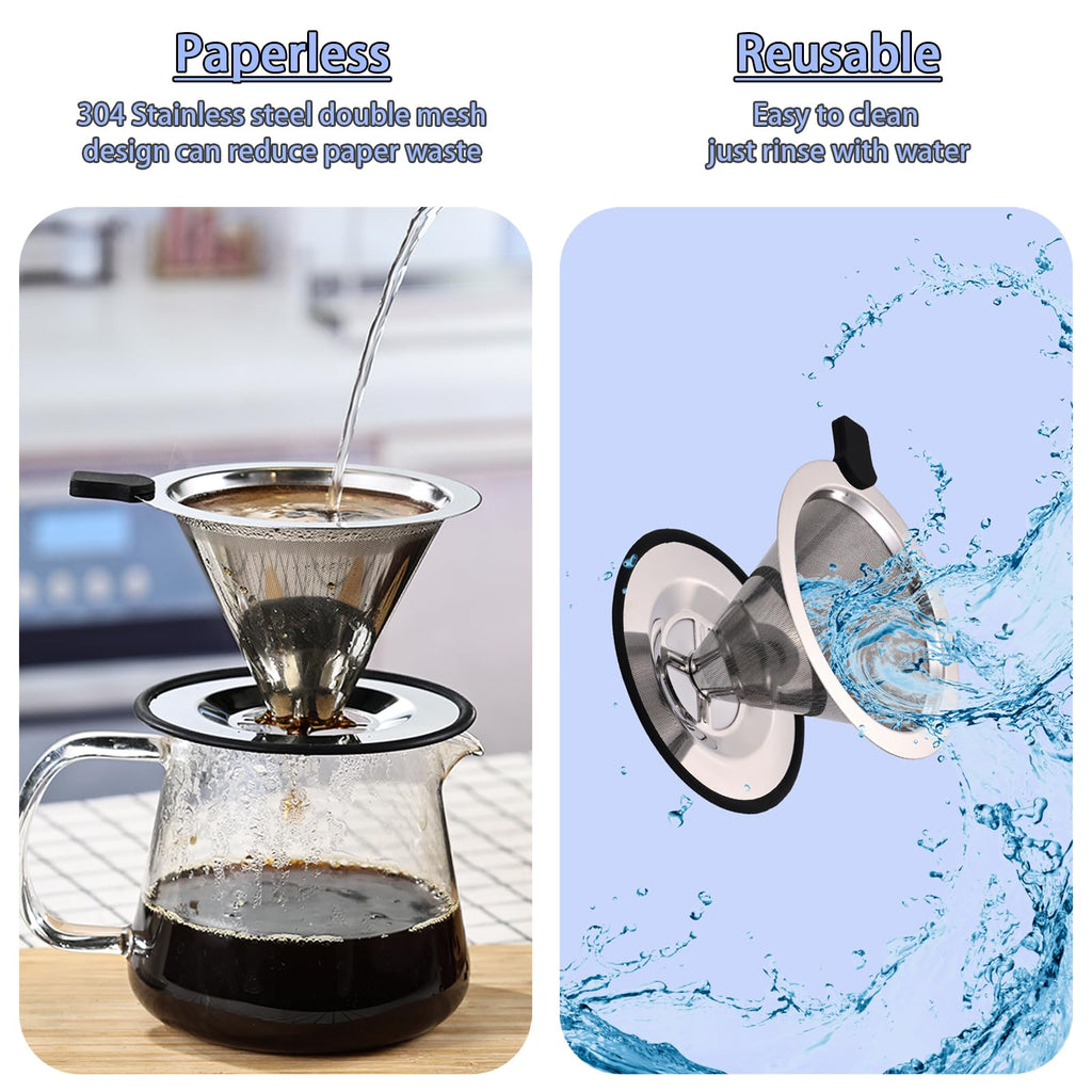 Pour Over Coffee Filter Dripper, Stainless Steel Metal Cone Coffee Filter