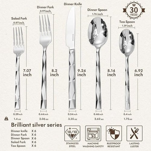 30 Piece 18/10 Silverware Set, Stainless Steel Flatware Cutlery set for 6