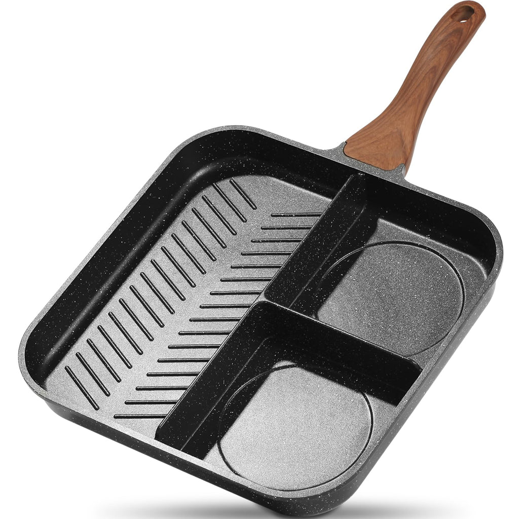 ESLITE LIFE Nonstick Grill Pan for Stove Tops, Versatile Griddle with Pour Spouts, 9.5 Inch Square Big Grilling Skillet Steak Pan for Indoor & Outdoor Cooking, PTFE & PFOA Free, Black
