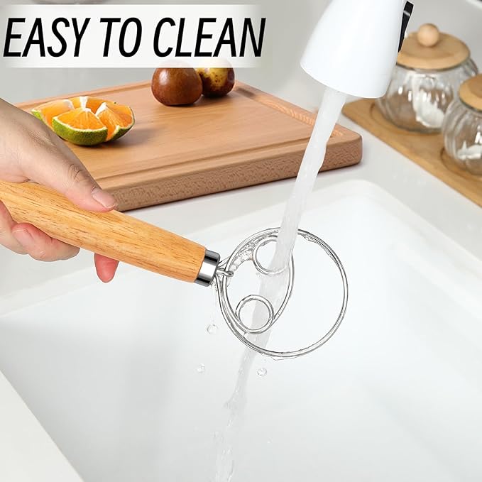 YIGEDA Danish Dough Whisk, Stainless Steel Wood Handle for Sourdough Bread