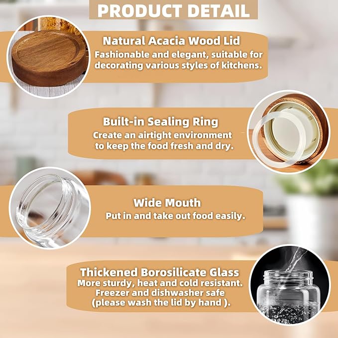 28 Fl oz/850ml Glass Jars, Glass Canister with Airtight Screw on Wooden Lid