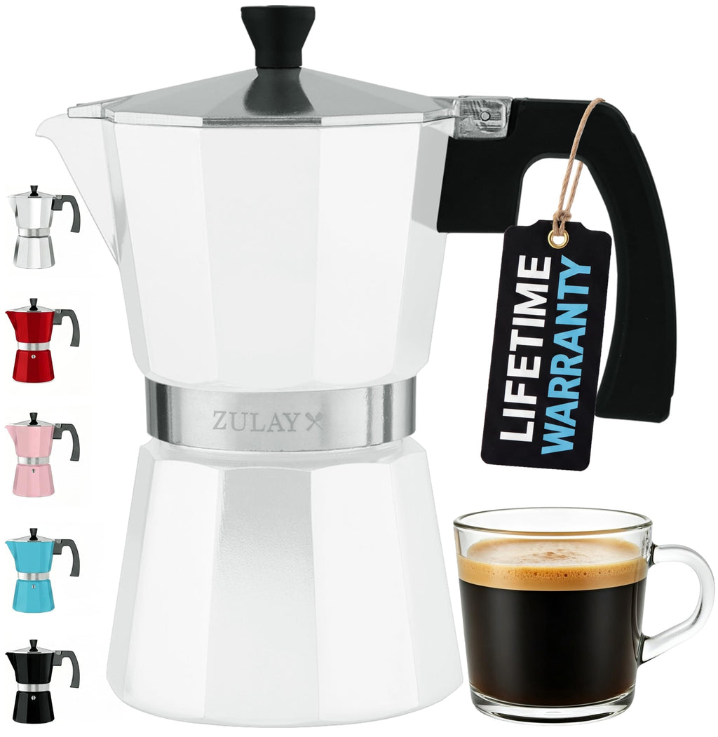 Zulay Moka Pot Espresso Stovetop Coffee Maker - Leak-Proof, Stainless Steel, Easy to Clean, Heat Resistant Handle & Knob - for Authentic Cuban & Italian Style Espresso - Makes 3 Espresso Cups - White