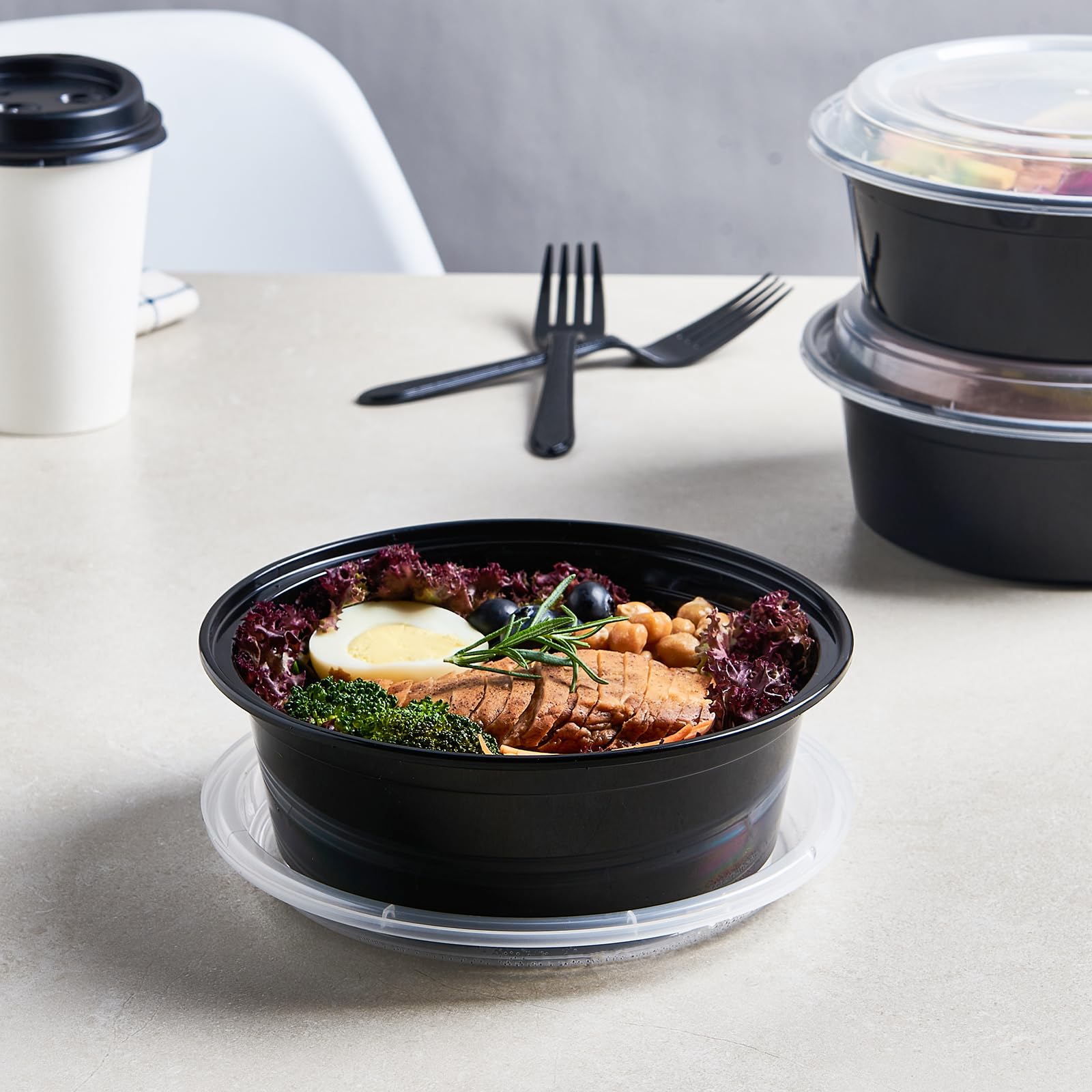 Jaluxing 32 oz 150 ct Round Meal Prep Containers with Lids Plastic Food Storage Lunch Plan To Go Box Disposable Take Out Bowl Black BPA Free Reusable Stackable Microwave Freezer Safe (Formerly FULING)