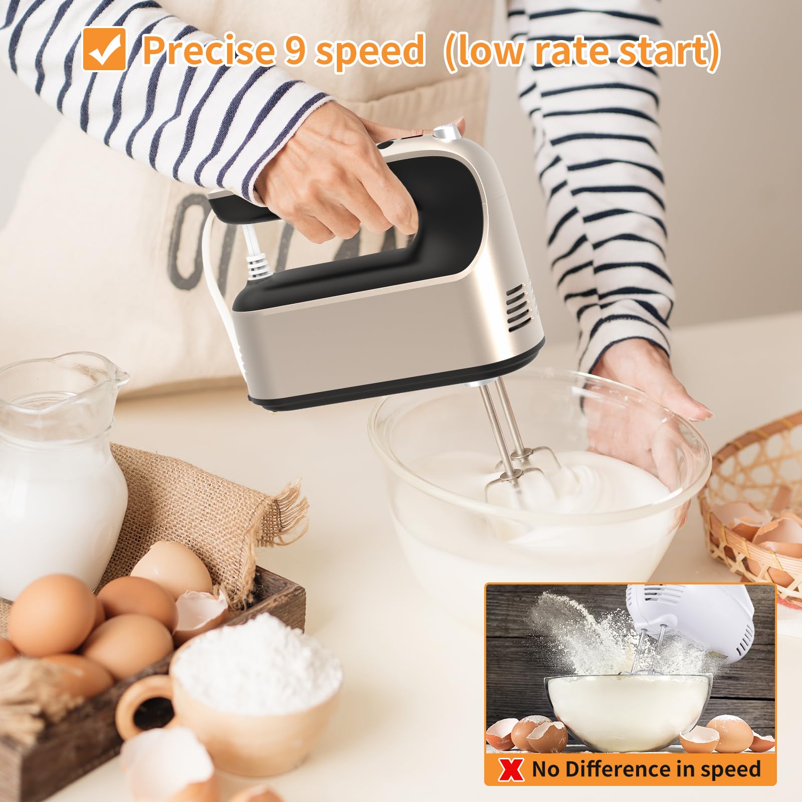 Yomelo 9-Speed Digital Hand Mixer Electric, 400W Powerful DC Motor, Hand Mixer Electric Handheld with Snap-On Storage Case, 5 Stainless Steel Accessories, Beaters, Dough Hooks, Whisk(Champagne Gold)