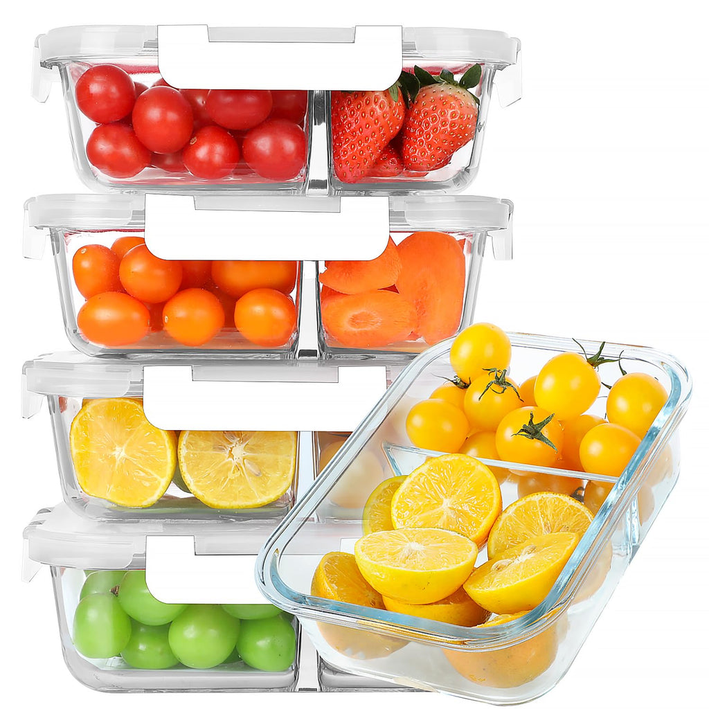 KOMUEE 30 oz 5 Pack Glass Meal Prep Containers 2 Compartments