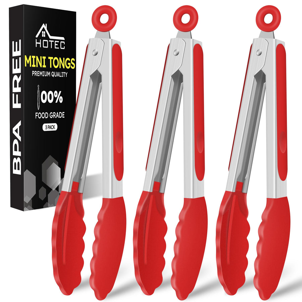 HOTEC Small Silicone Kitchen Tongs 7-Inch Mini Serving Tongs, Set of 3
