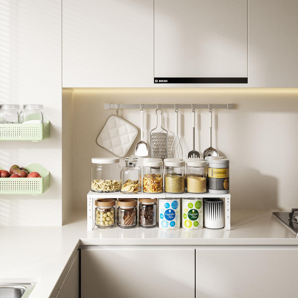 Wobmmi Expandable,Adjustable & Stackable Spice Rack, Cabinet Kitchen Countertop Shelf Organizer,Metal Pantry Storage Shelves - Space-Saving Storage Solution(1Pack/White/Medium)