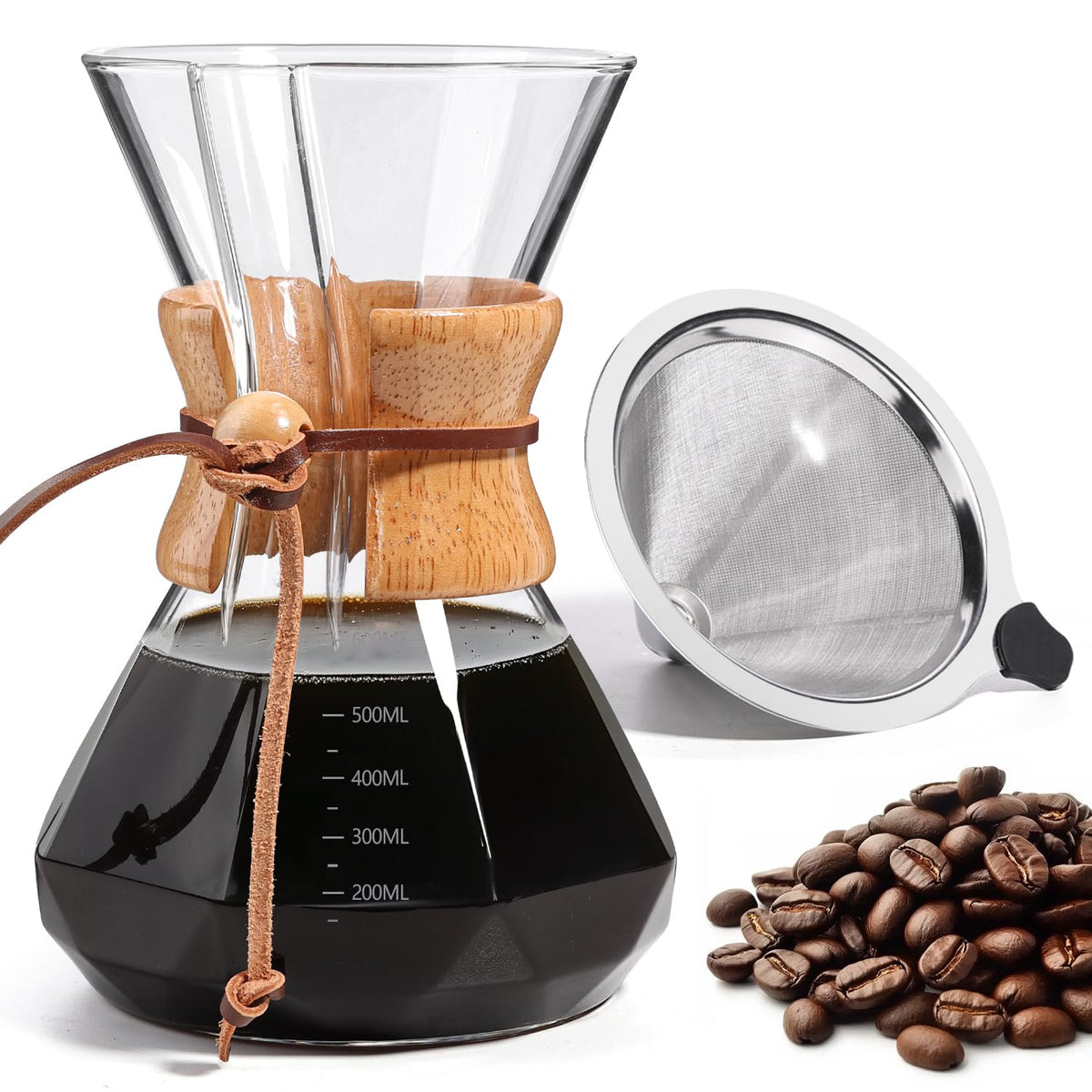 Yopinmall Pour Over Coffee Maker 20 OZ, 6 Cup Borosilicate Glass Drip Coffee Maker with Reusable Stainless Steel Filter and Cork Grip for Home Café 600 ML