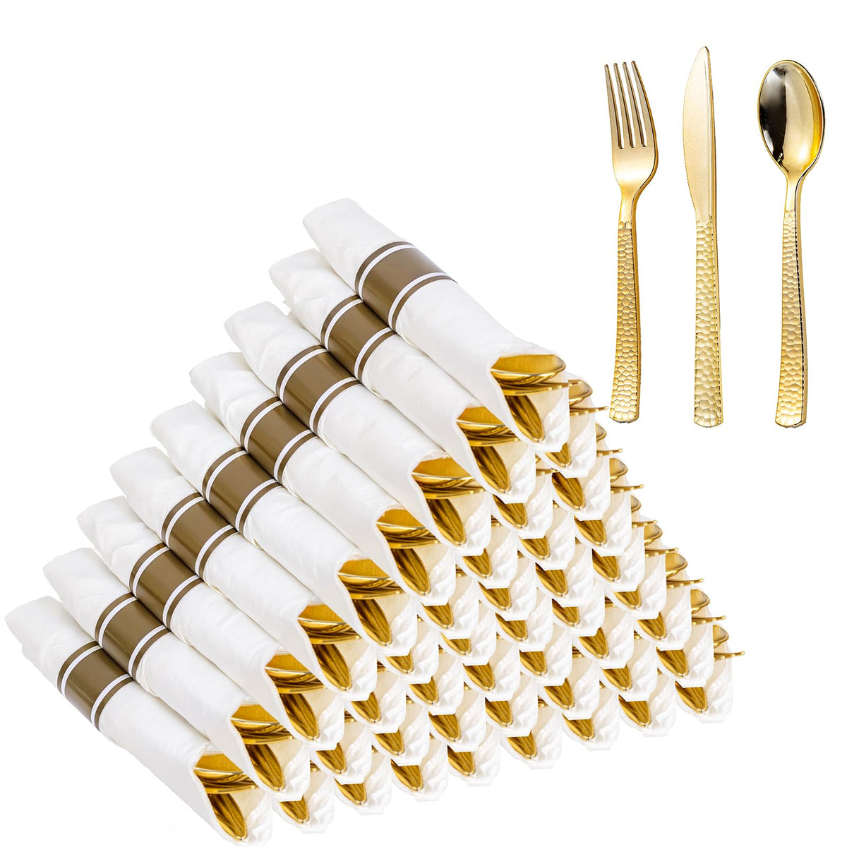 WELLIFE 75 Pack Gold Plastic Cutlery,Pre Rolled Silverware Set Disposable,Gold Disposable Utensils,Includes: 75 Forks, 75 Knives, 75 Spoons, 75 Napkins, Plastic Silverware