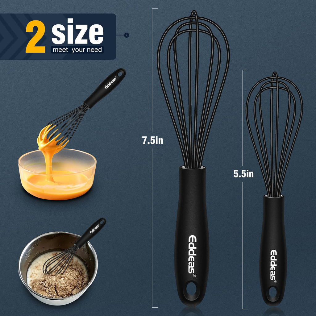 Eddeas Silicone Mini Whisk, Small whisks Non-Stick Tiny Whisks set of 2（5.5in & 7.5in）-Heat Resistant (450°F) Whisks, Balloon Egg Beater Perfect for Whisking, Beating, Mixing, Blending, Black