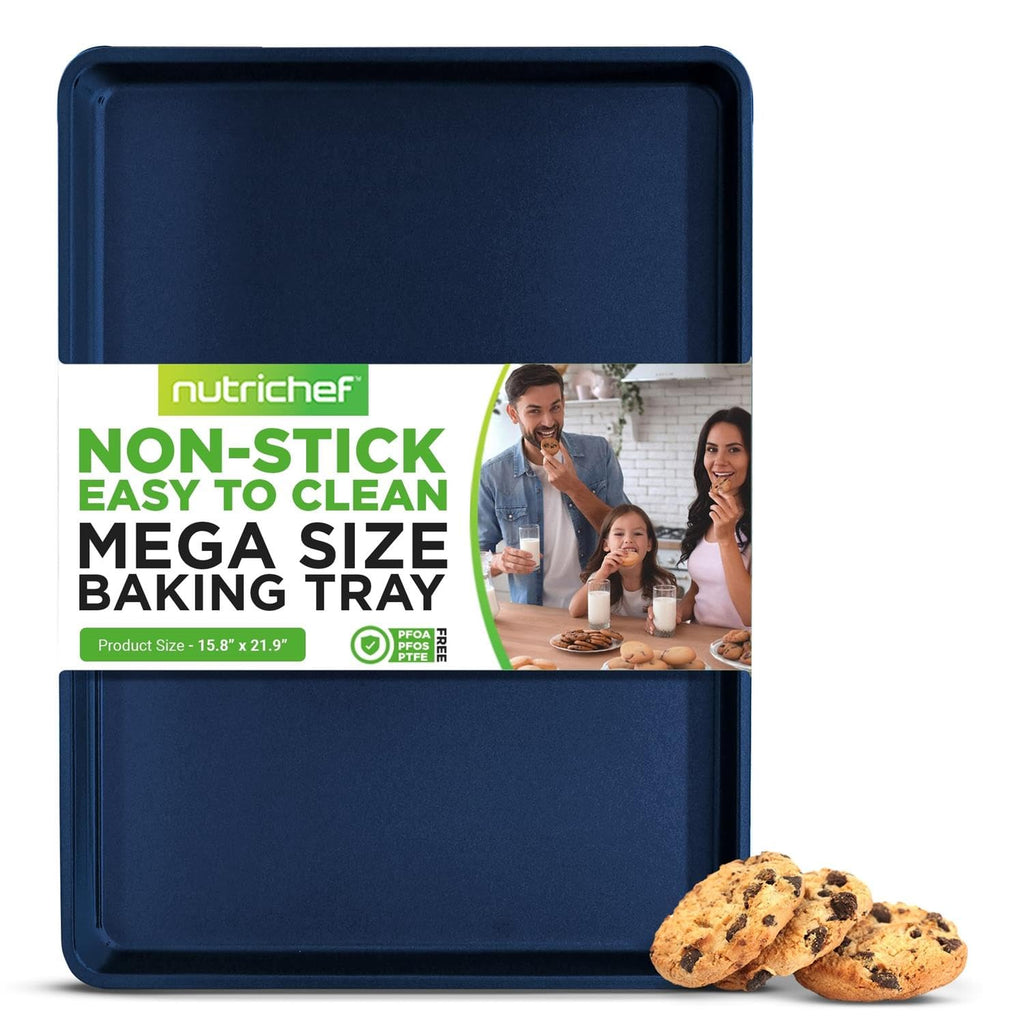 NutriChef Extra Large Nonstick Cookie Sheet for Baking, 22 Inch x 16 Inch Premium Carbon Steel Baking Tray for Oven, Baking Sheet for Cookies, Jelly Rolls, & Pastries - Blue Diamond, NCLG1BD
