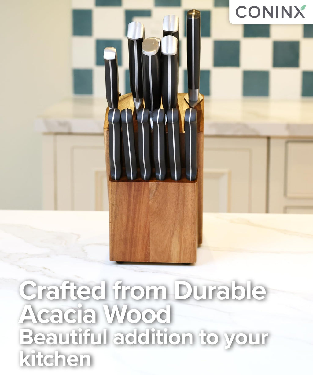 Coninx Knife Block with Built-In Sharpener – 15 Slot Acacia Wood Knife Holder for Kitchen Counter – Non-Slip Wooden Knife Organizer Stand for Chef & Bread Knives