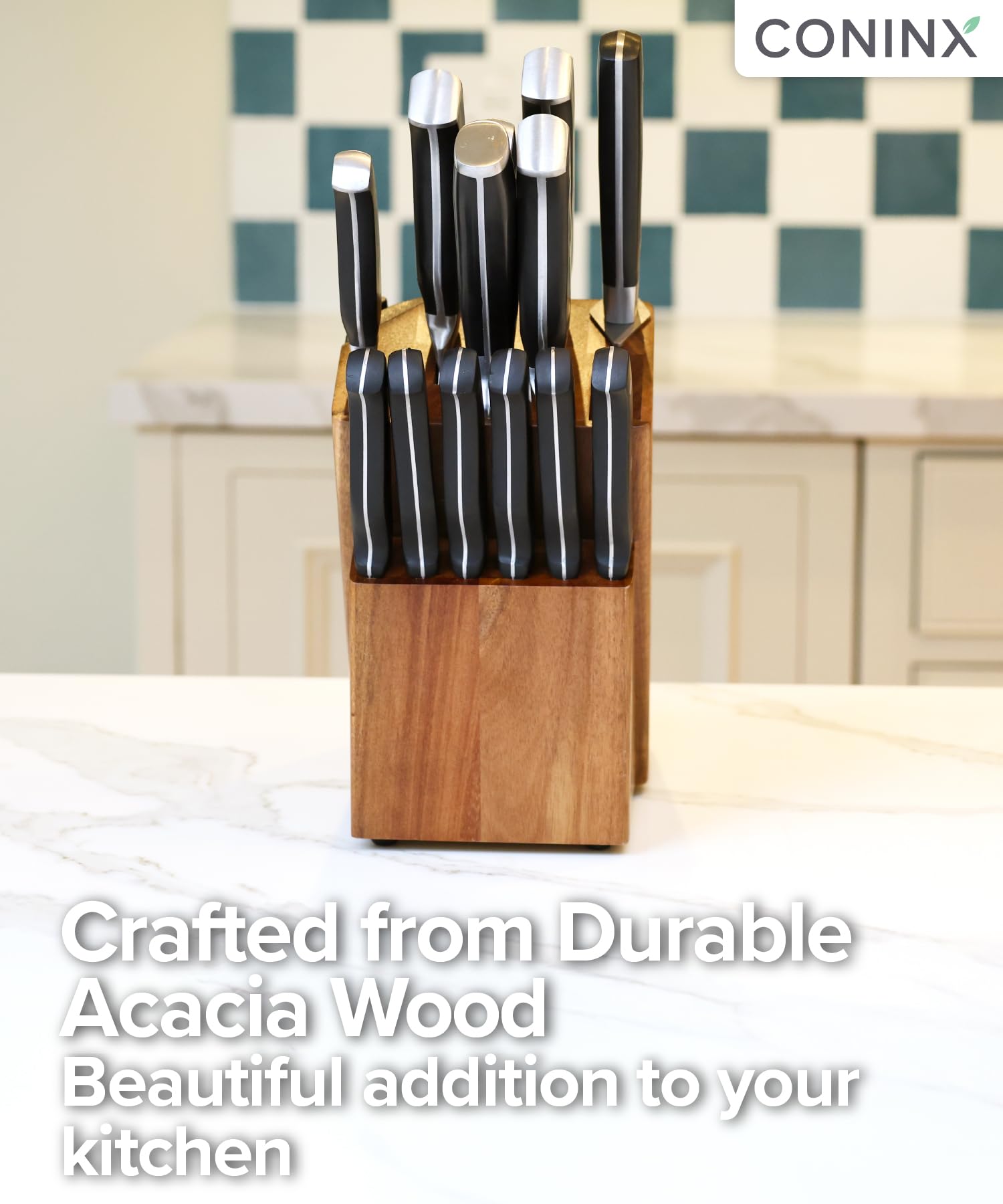Coninx Knife Block with Built-In Sharpener – 15 Slot Acacia Wood Knife Holder for Kitchen Counter – Non-Slip Wooden Knife Organizer Stand for Chef & Bread Knives