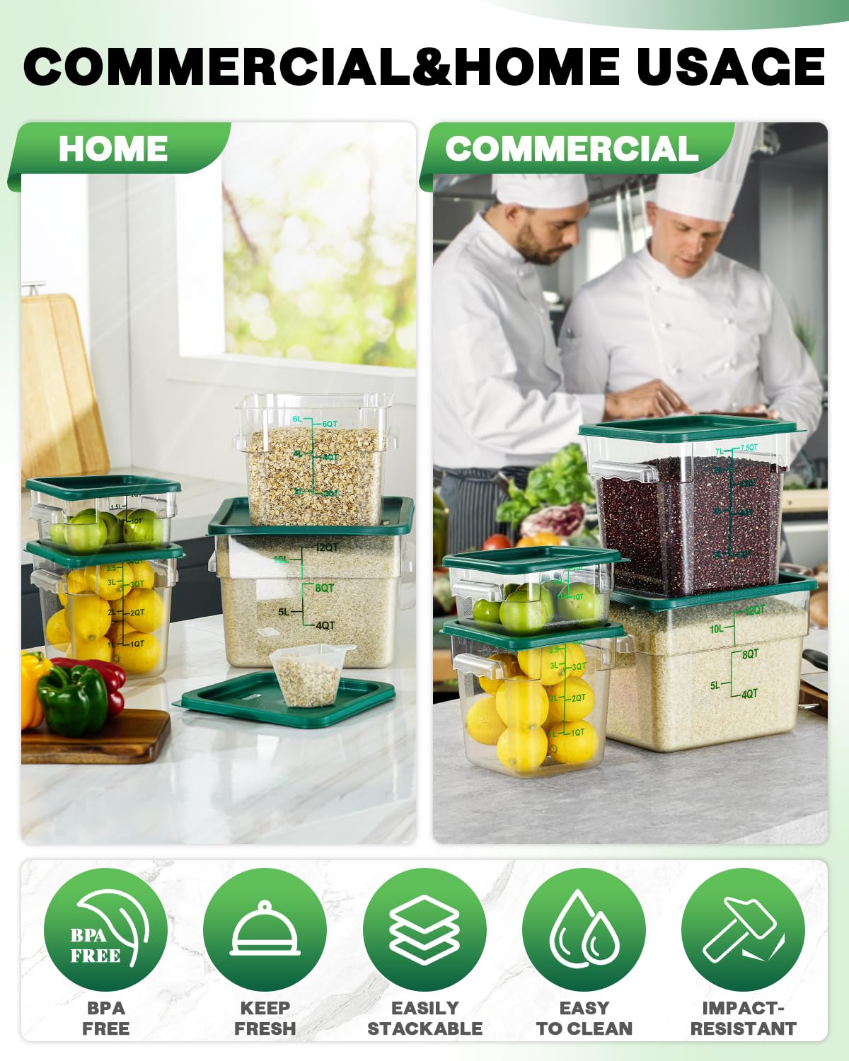 RVGMBO 2QT&4QT NSF Food Storage Containers with Lids: 4 PCS [Total Food Grade][Hot&Cold Resistant] Commercial Clear Food Storage Containers for Restaurant Kitchen Proof Dough, Green