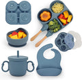 Silicone Feeding Set, Led Weaning Supplies, Food Tableware Suction Plate, Bowl, Spoons, Fork, Waterproof Bib, Cup & Complementary Food Cake Mold, Baby Eating Utensils