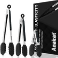 Anaeat Non-Stick Silicone Locking Tong Set of 3 - Stainless Steel 7", 9", 12" Kitchen Food Tongs with Non-Slip Silicone Tips and Grip for Cooking, Baking and BBQ - Heat Resistant up to 480°F (Black)