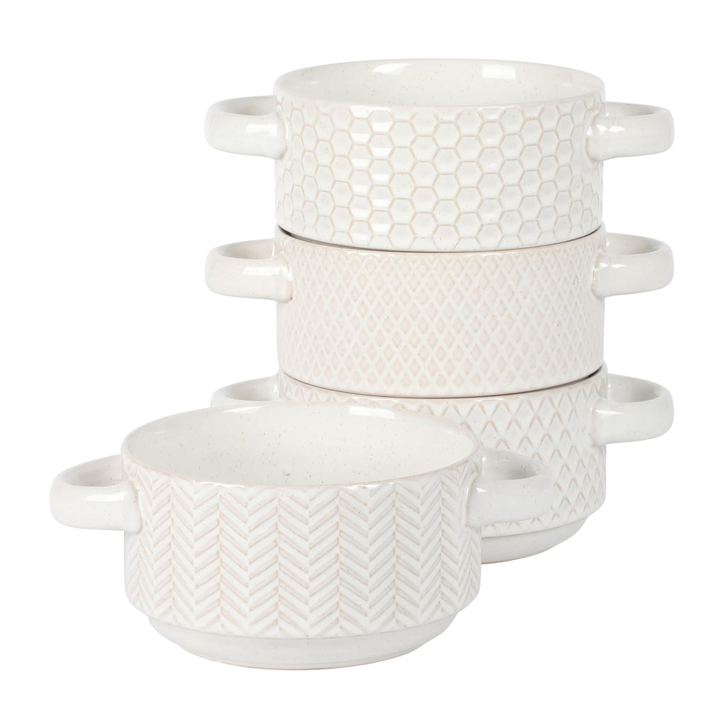Gibson Elite Menlo Park 16-Piece Pottery Clay Stoneware Dinnerware Set – White Reactive Glaze, Embossed Plates and Bowls W/Pasta Bowl, Service for 4 – Microwave & Dishwasher Safe