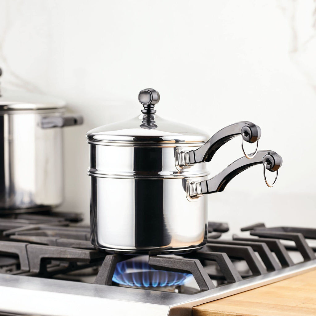 Farberware Classic Series Stainless Steel Double Boiler and Saucepan with Lid, Double Boilers For Stove Top, 2-Quart