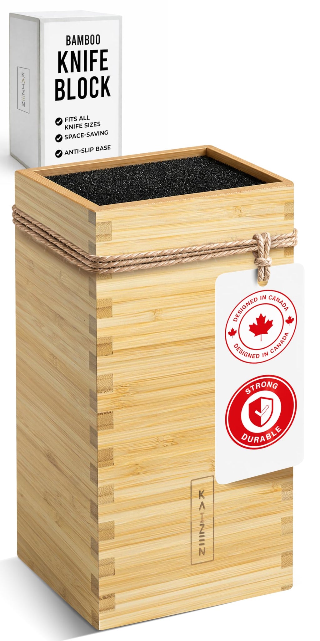 KAIZEN Bamboo Knife Block Without Knives - Perfectly Sized Universal Knife Holder for Knives, Scissors - Unique Knife Storage for Counter Top with Anti-Slip Base (Black)