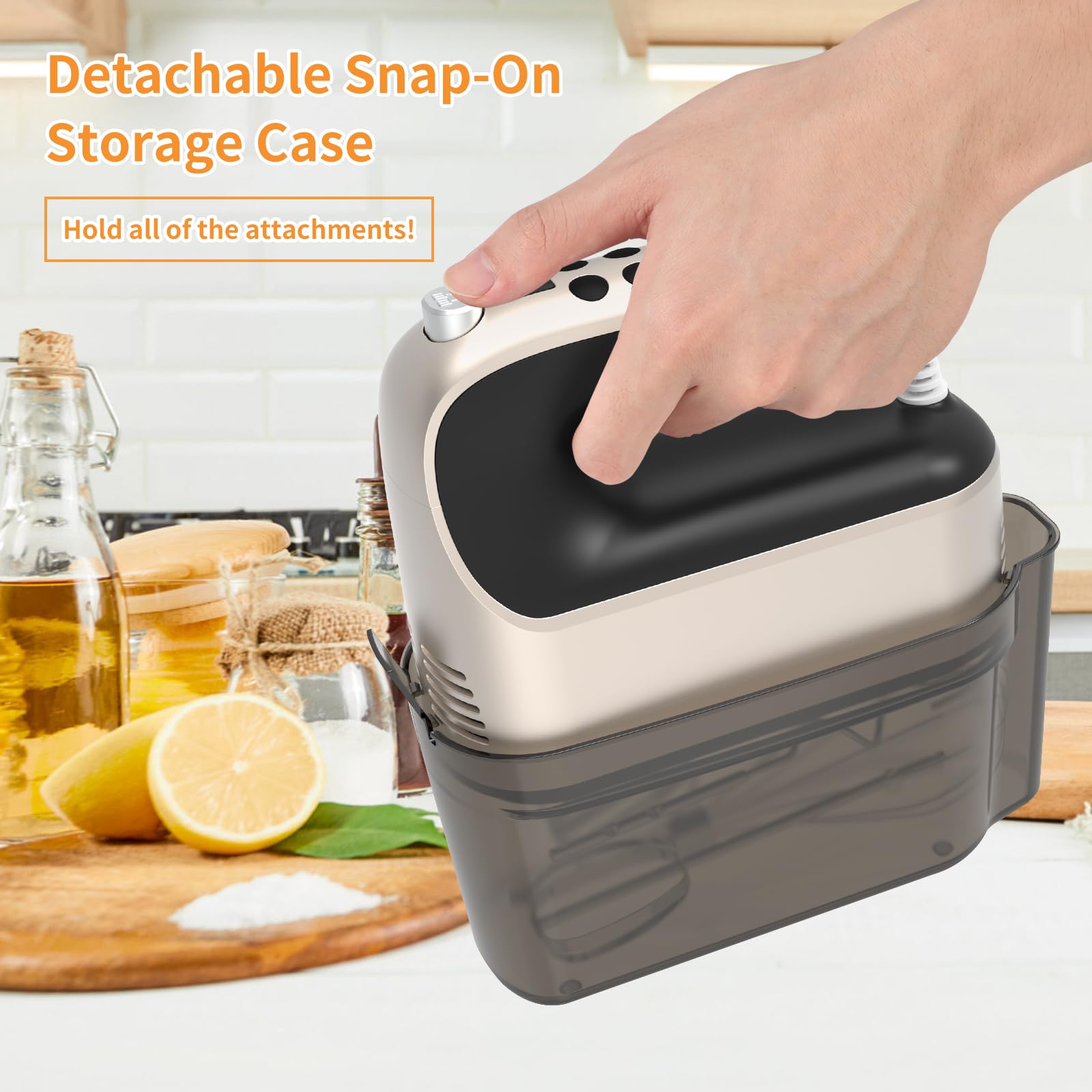 Yomelo 9-Speed Digital Hand Mixer Electric, 400W Powerful DC Motor, Hand Mixer Electric Handheld with Snap-On Storage Case, 5 Stainless Steel Accessories, Beaters, Dough Hooks, Whisk(Champagne Gold)