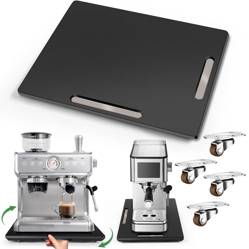 Joy&Grace Appliance Slider for Kitchen Appliances 360° Rolling Sliding Tray for Coffee Maker Countertop, Bamboo Coffee Pot Slider Rolling Tray with Universal Rollers (Black, Large 16"x13")