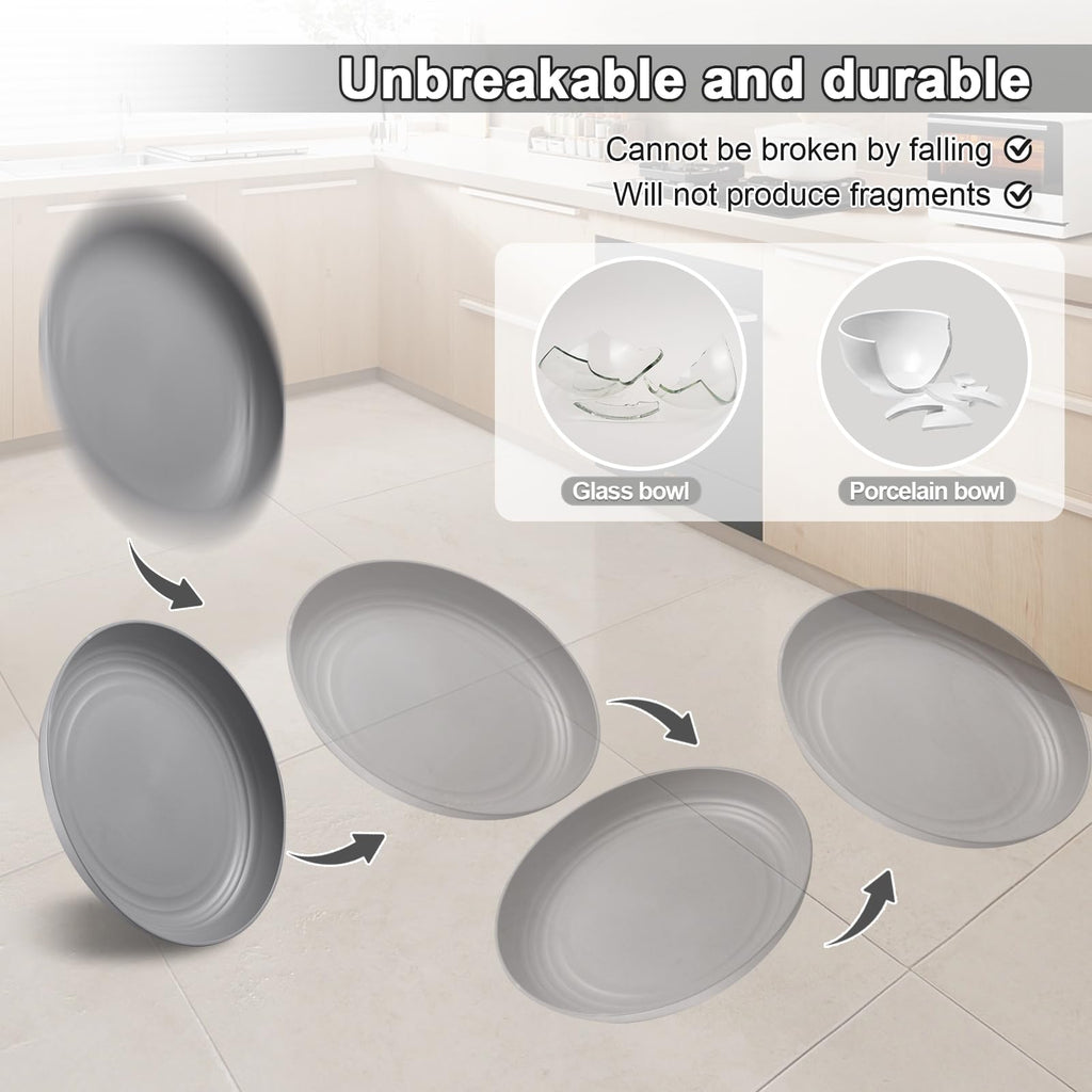 HEYCOME 12 Pcs Unbreakable Deep Dinner Plates Set, 10 inch Reusable Plastic Wheat Straw Plates, Microwave and Dishwasher Safe Plate for Kitchen, Lightweight Plate for Dessert, BPA Free, White Gray