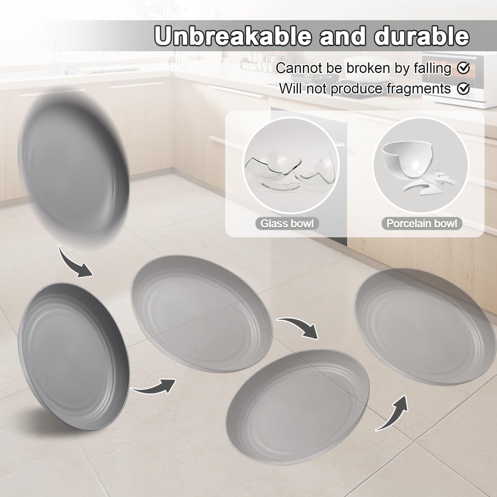 HEYCOME 12 Pcs Unbreakable Deep Dinner Plates Set, 10 inch Reusable Plastic Wheat Straw Plates, Microwave and Dishwasher Safe Plate for Kitchen, Lightweight Plate for Dessert, BPA Free, White Gray