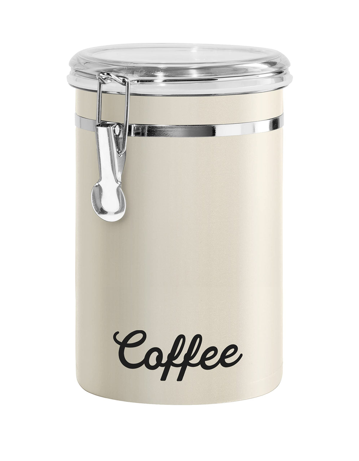 Oggi Stainless Steel Coffee Canister 62 fl oz - Airtight Clamp Lid, Clear See-Thru Top - Ideal for Coffee Bean Storage, Ground Coffee Storage, Kitchen Storage, Pantry Storage. Large Size 5" x 7.5".