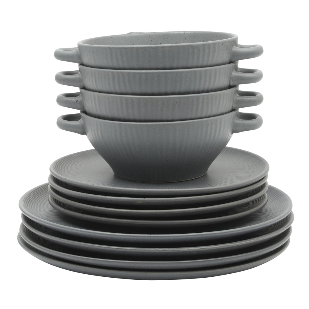 Gibson Elite 12 Piece Matisse Moderna Stoneware Reactive Glaze Plates and Bowls Dishes Dinnerware Set - Cobalt Blue