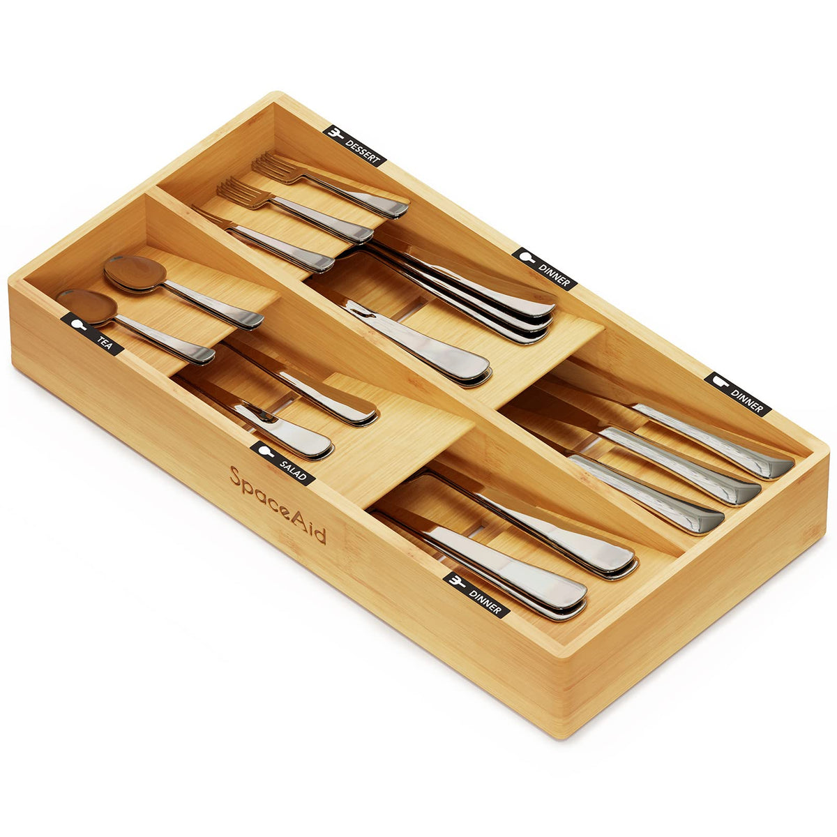 SpaceAid Bamboo Silverware Drawer Organizer with Labels, Kitchen Utensil Tray Holder Organizer for Flatware, Cutlery, Spoon and Knives Drawer Storage Organization (12 Slots)