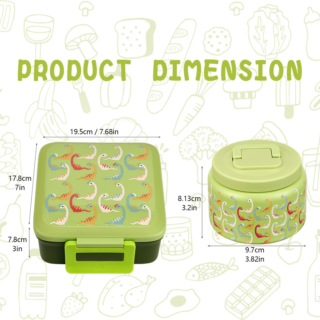 JXXM Bento Lunch Box for Kids with 8oz Soup Thermo,Leak-Proof Lunch Containers with 5 Compartment,Thermo Food Jar Food Containers for School (Green-Colorful Dinosaur)