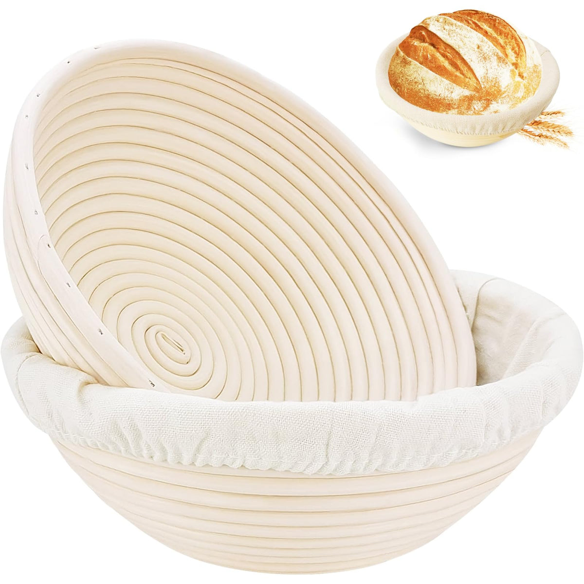 Banneton Bread Proofing Basket Set of 2, Rattan Proofing Baskets for Sourdough Bread | Banneton Bowls with Linen Liners | Natural Rattan Dough Rising Baskets for Artisan Homemade Bread Baking