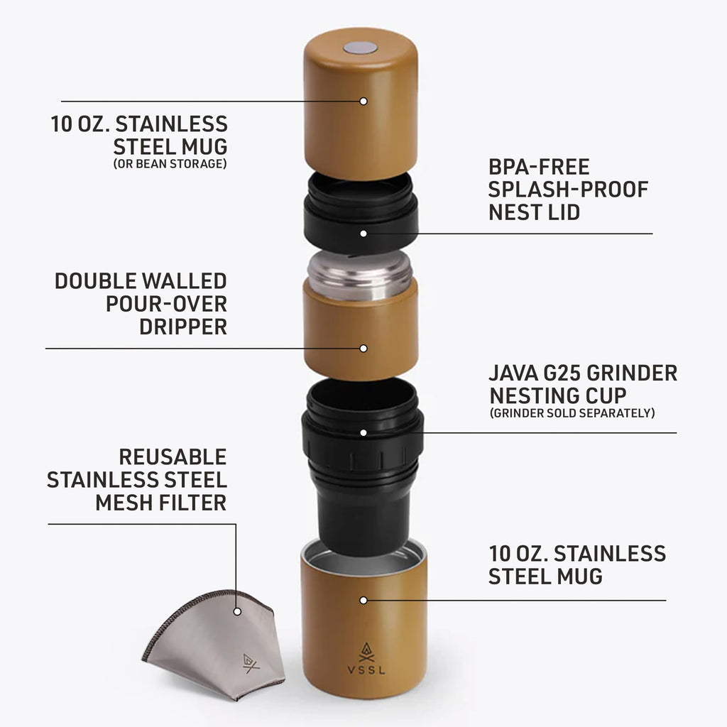 VSSL - Nest Pour Over Coffee Kit | Coffee Maker for Camping | All-In-One Travel Pour Over | Transportable Dripper, Two 10oz Stainless Steel Travel Mugs | Compact Storage & Adventure Ready | Sahara