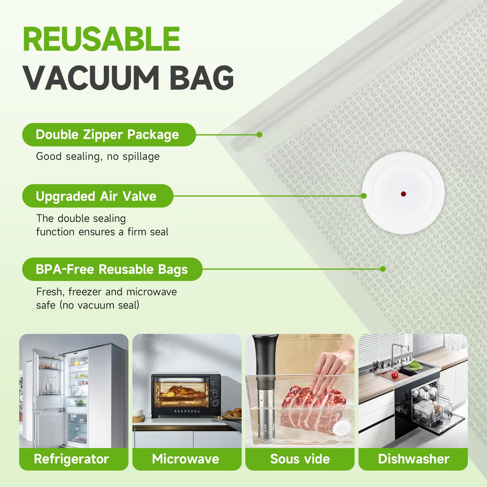 Vixino Vacuum Sealer Bags, 40 Reusable Vacuum Sealer Bags for Food Storage, BPA-Free, Meal Prep and Sous Vide Cooking,Works for Handheld Sealer and Vac Sealer Machine with External Vacuum Systems