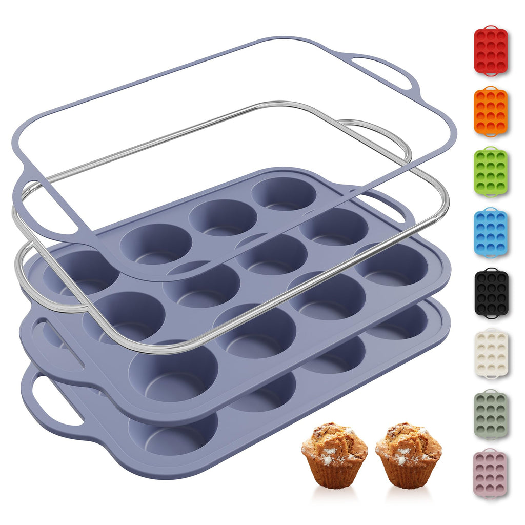2 Packs 12 Cups Silicone Muffin Pan for Baking with Metal Reinforced Frame Regular Size Cupcake Pan Tray Chocolate Egg Pizza Bites Oven Top Cookie Molds Muffin Tin Tart Pans Sheet Set Bakeware Liner