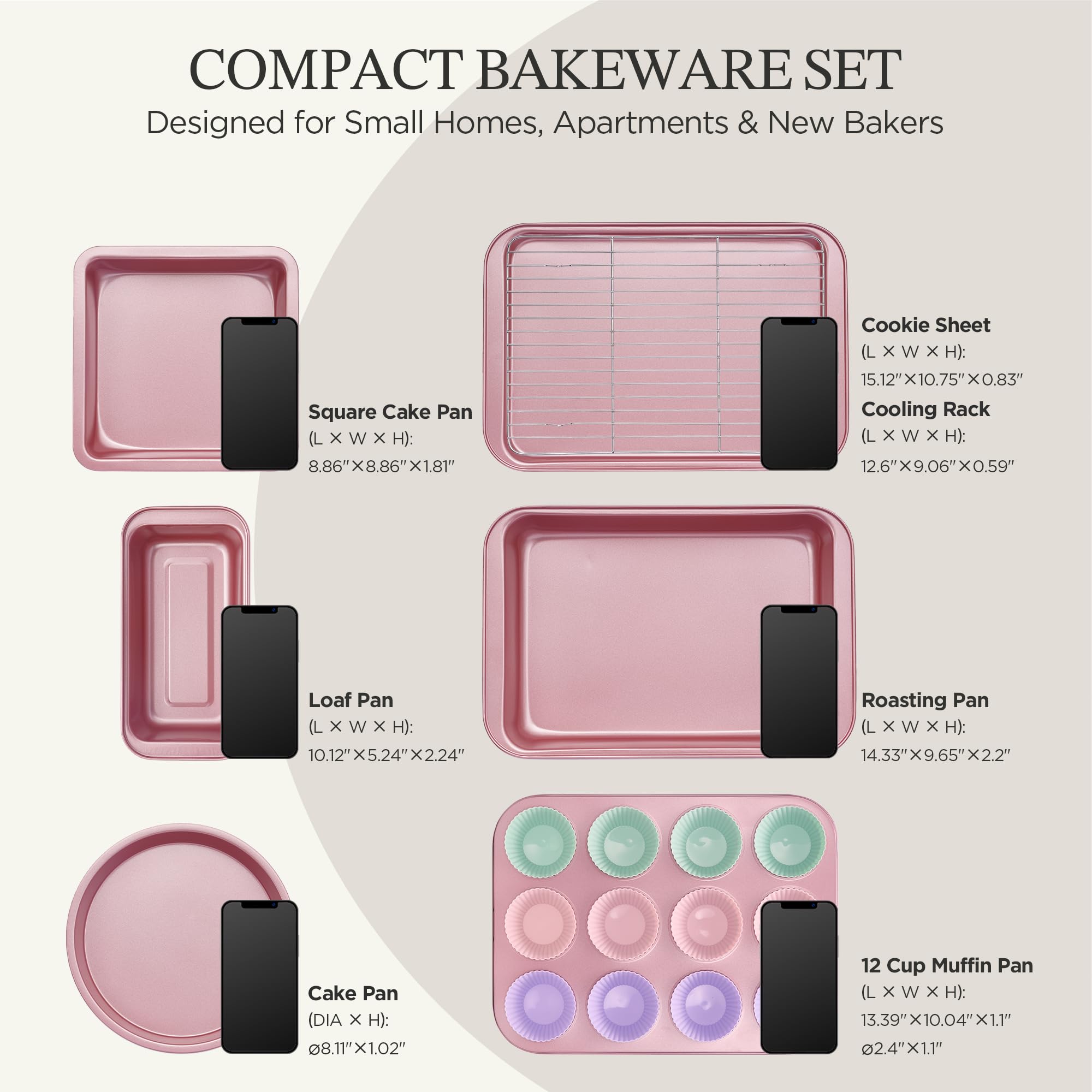 KITESSENSU Baking Pans Sets, Nonstick Bakeware Sets 19-Piece with Round/Square Cake Pan, Loaf Pan, Muffin Pan, Cookie Sheet, Roast Pan, Cooling Rack, Carbon Steel Bake Set Pink