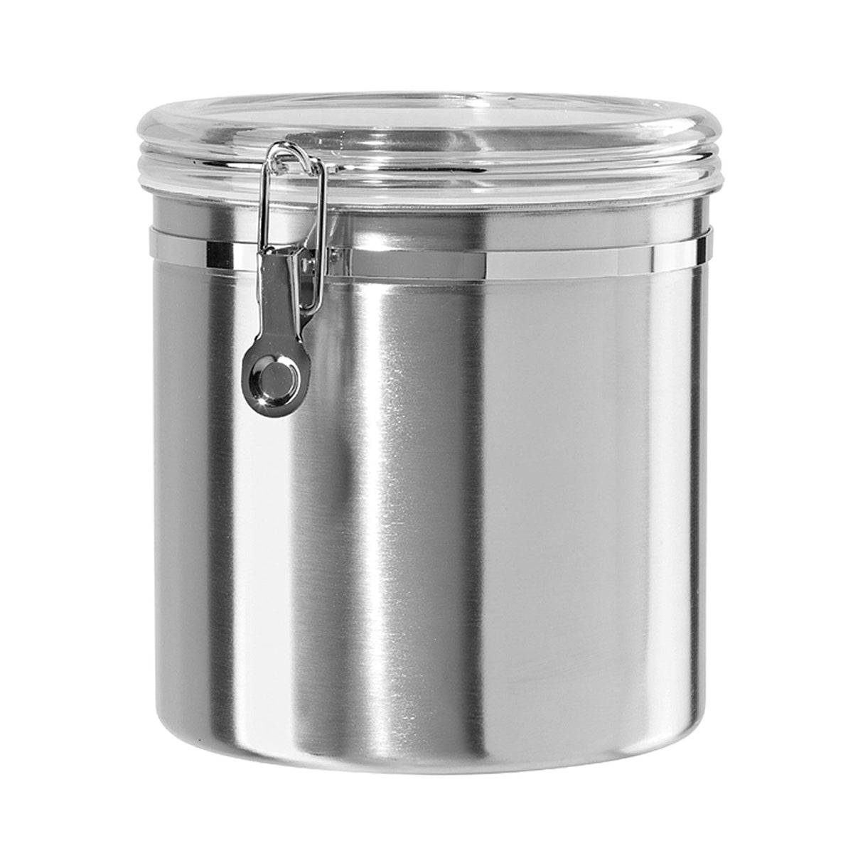 Oggi Stainless Steel Kitchen Canister 26 fl oz - Airtight Clamp Lid, Clear See-Thru Top - Ideal for Kitchen Storage, Food Storage, Pantry Storage. Size 5" x 3.5".