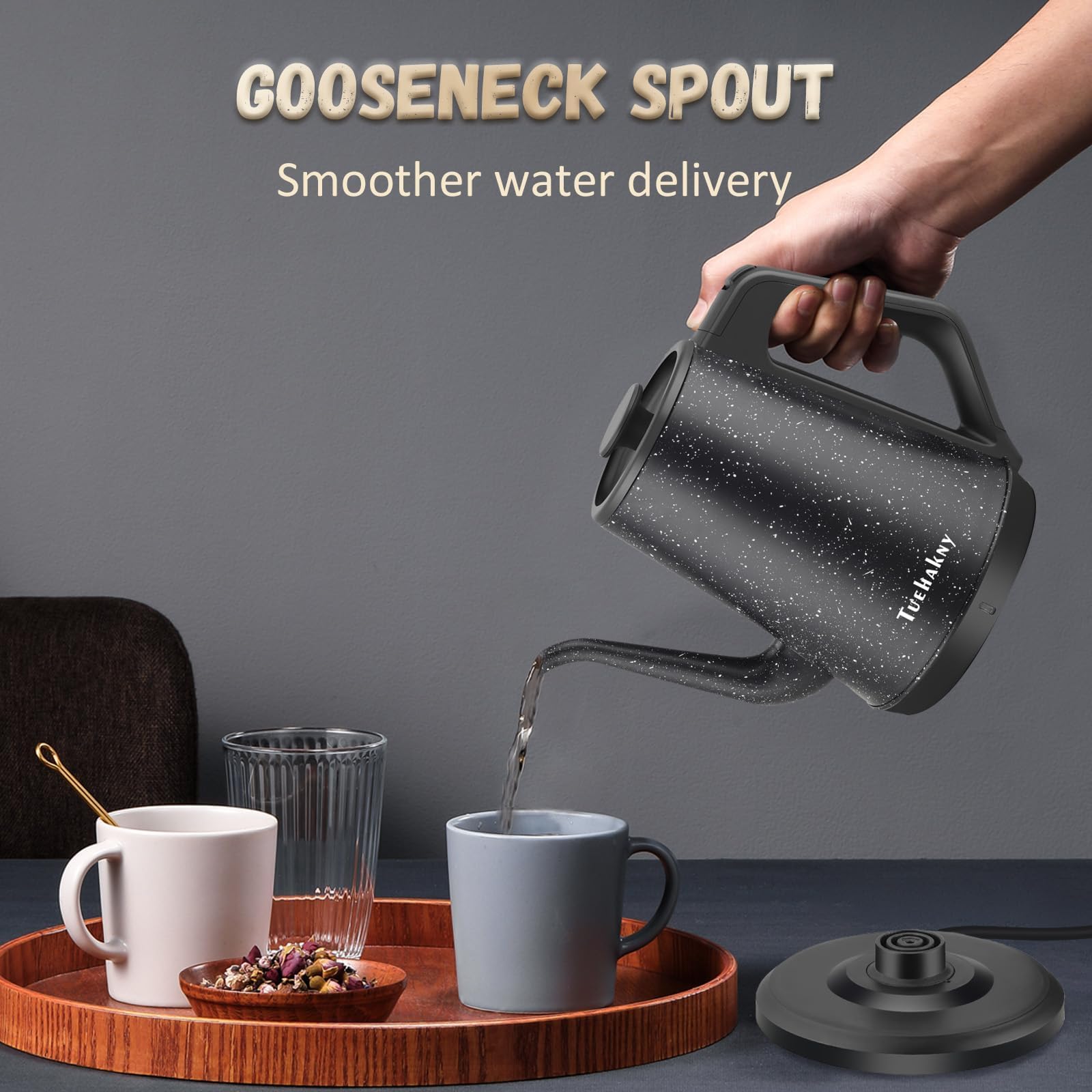 Tuehakny Gooseneck Electric Kettle 1L, 1000W Stainless Steel, Black