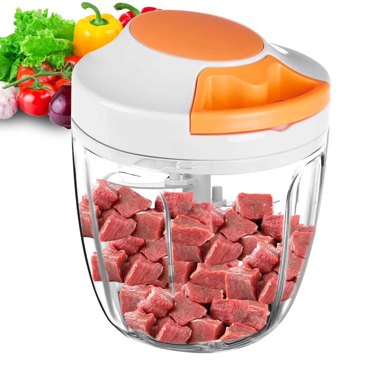 Manual Food Processor & Vegetable Chopper, Hand Pull String Garlic Mincer Onion Chopper Dicer for Salsa Pesto Guacamole, 3 Stainless Steel Blades, 650ml White