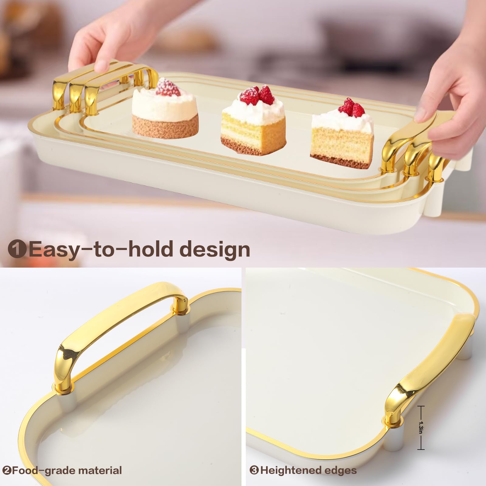 Aayoruro Serving Tray with Handles Set of 3 Rectangular Large Serving Platters 16.5/14.9/13.2 Inch White Plates for Dinner, Party, Entertaining, Cream Gold