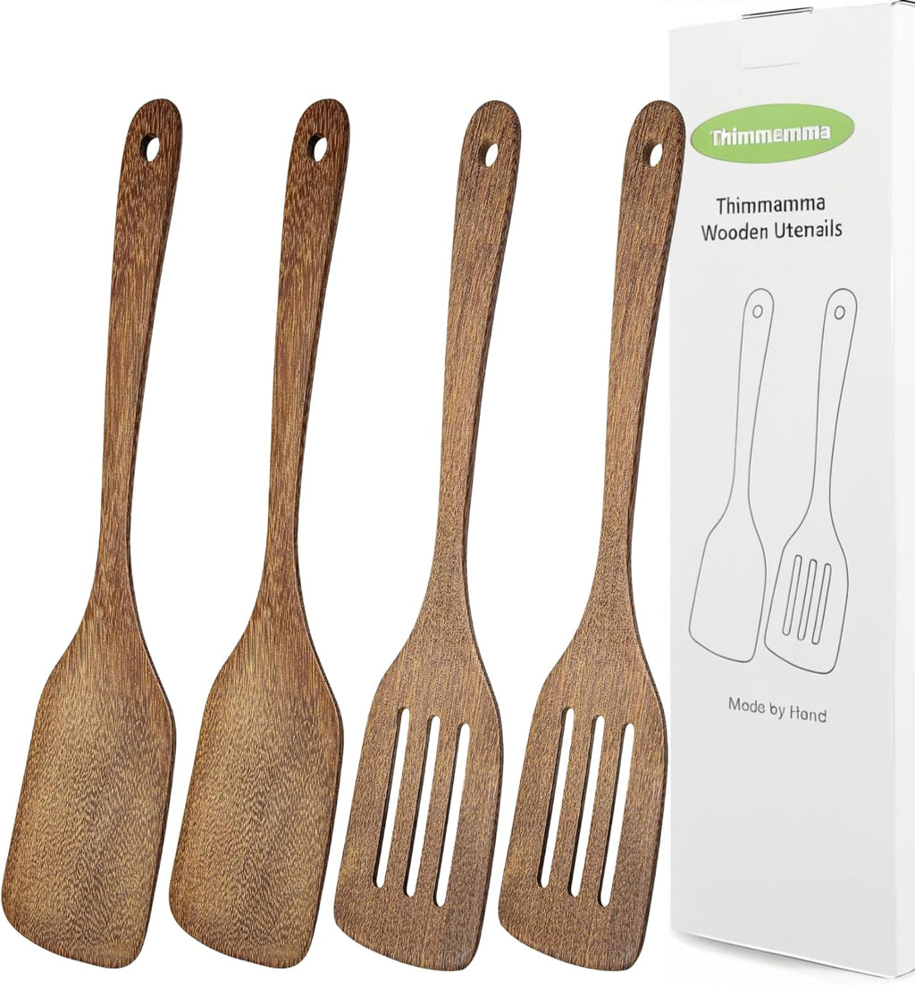 Wooden Spatula, Heat Resistant Cooking Wood Spatulas Spurtles for Non Stick Cookware Kitchen Use, Handmade Non Toxic Teak Wooden Cooking Utensil Spurtle Set for Cast Iron Baking Flipping, 4 Piece