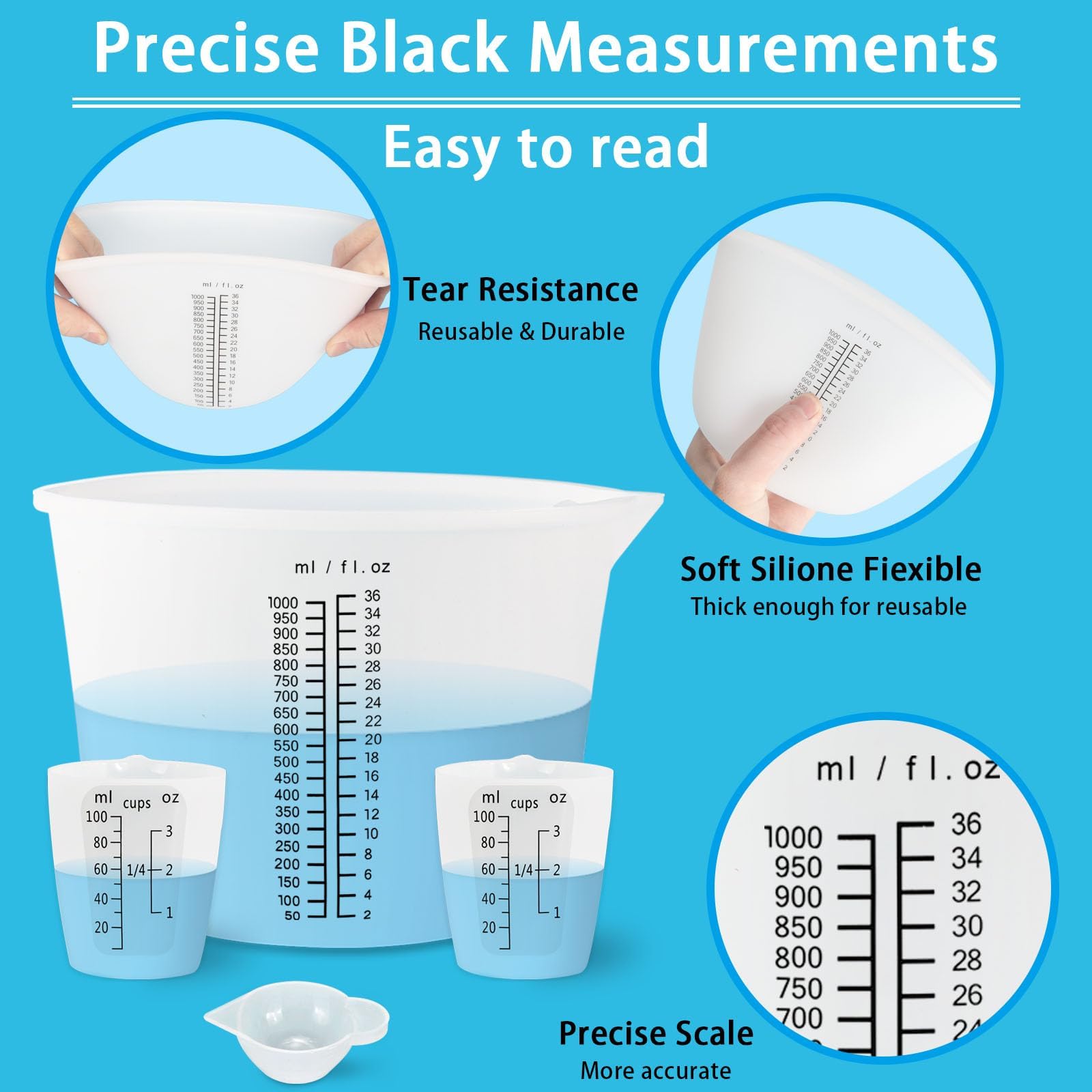 Creahaus 1000ML Large Silicone Measuring Cups for Resin, Easy to Read 36oz Silicone Mixing Bowl with 100ML Mixing Cup, Easy Clean Reusable Epoxy Resin Supplies with Stir Stick, Pipettes