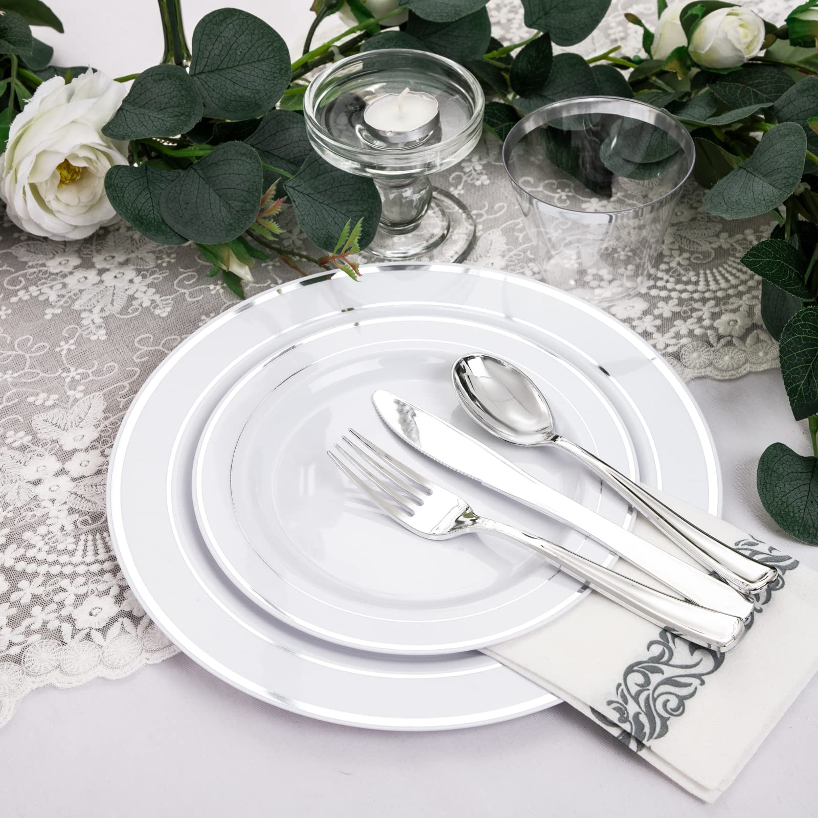 bUCLA 350PCS Silver Plastic Dinnerware Set for 50 Guests - Silver Plates Disposable Include 50 Dinner & 50 Dessert Plates,50 Forks,50 Knives,50 Spoons,50 Cups,50 Napkins for Party & Christmas